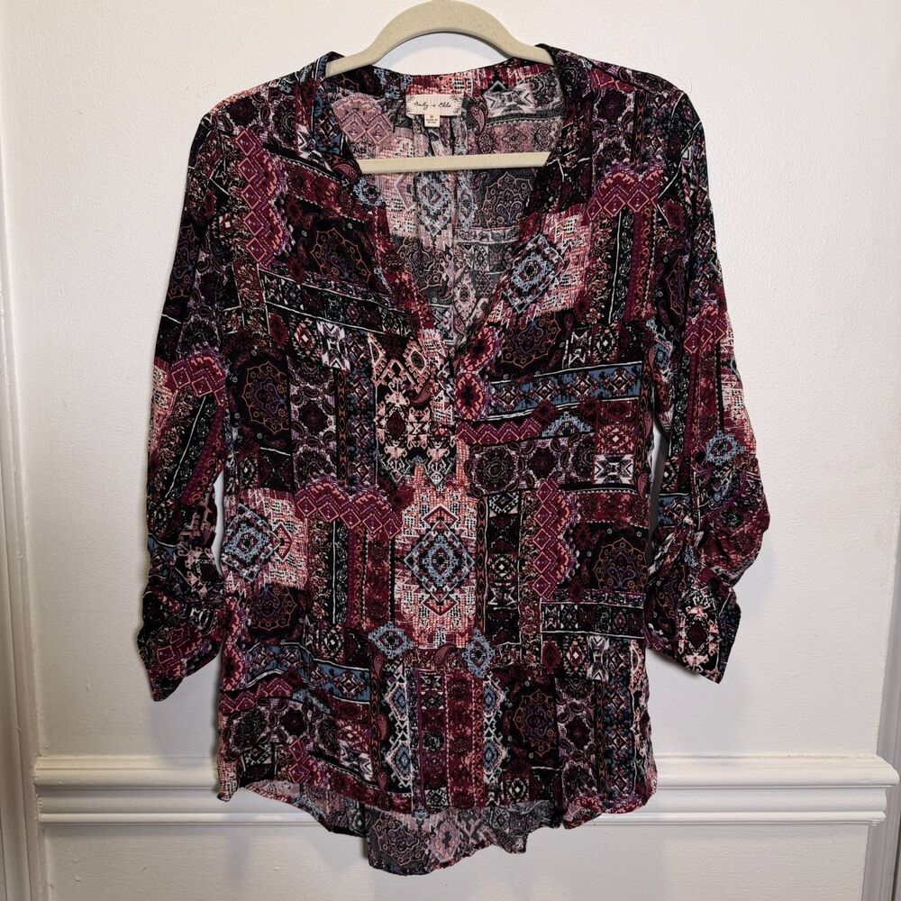 Bailey + Olive Womens M Boho Patchwork Paisley Blouse Burgundy Roll Tab Sleeve